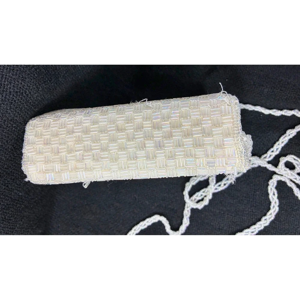 Vintage Iridescent White Beaded Evening Clutch Crossbody Bag Basketweave Pattern